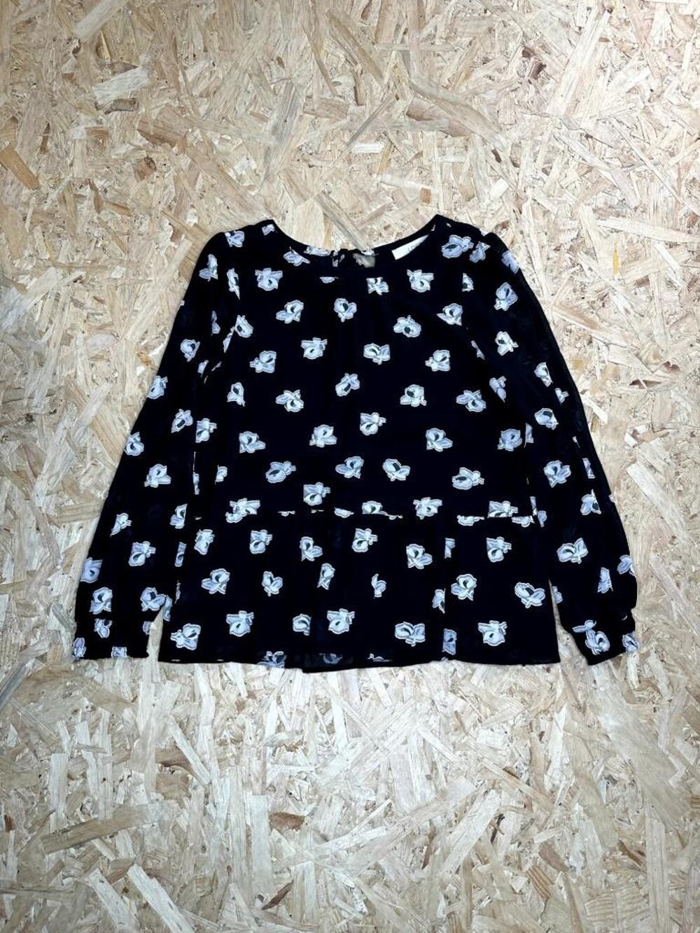 LOFT Women Medium Blouse Black Floral Peplum Long Sleeve Keyhole Back Chiffon